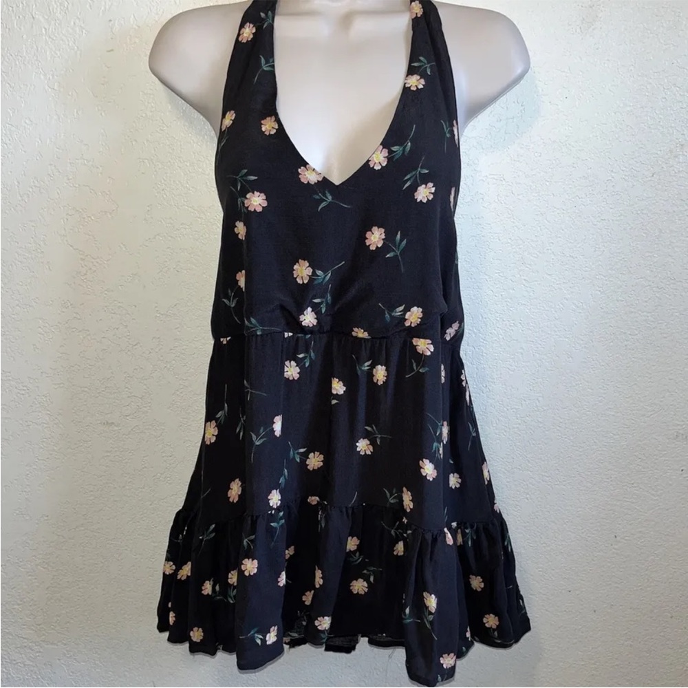 American Eagle Viscose Black Floral Halter Babydoll Top Tunic Sz M